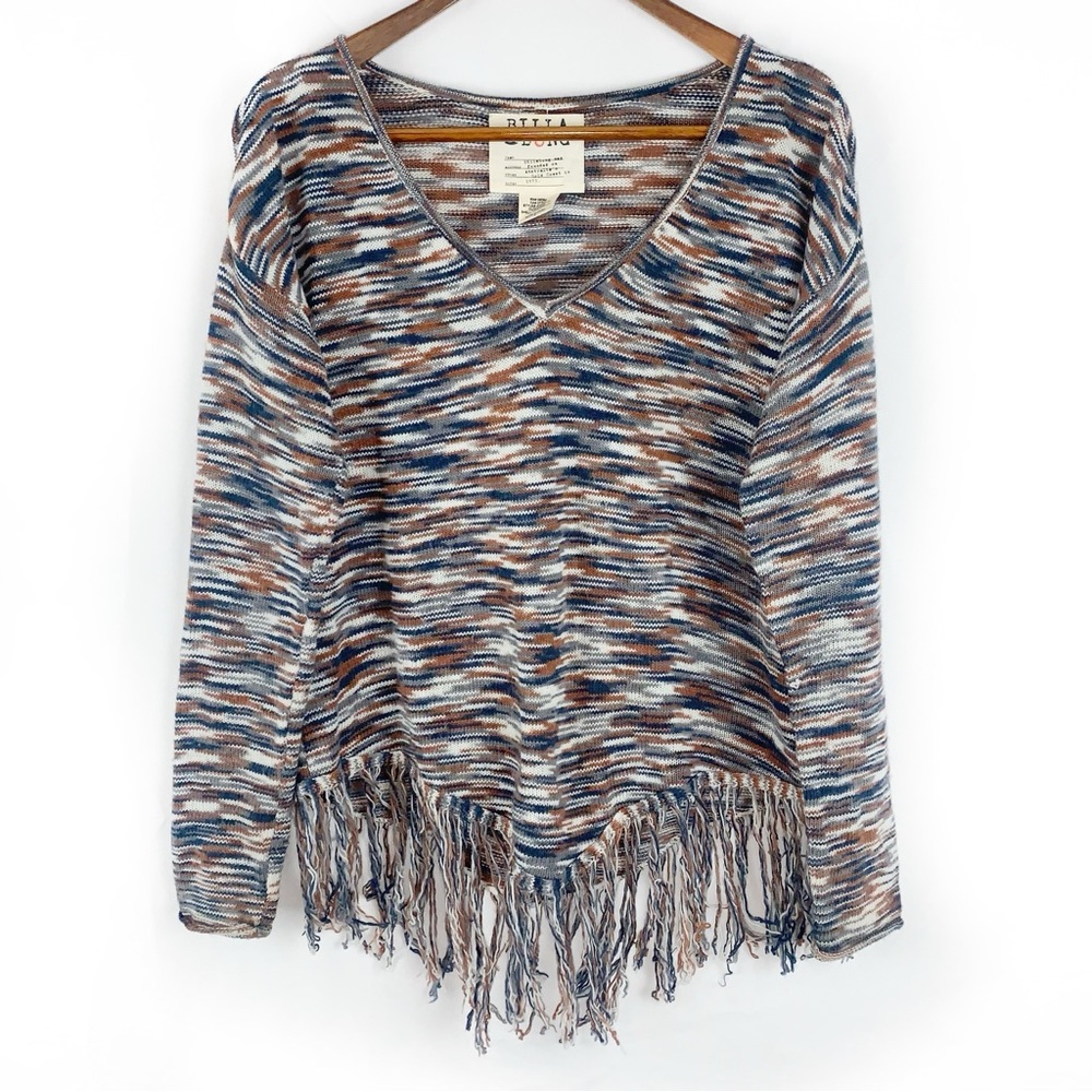 Billabong Southwestern Boho Fringe Trim V-Neck Sweater